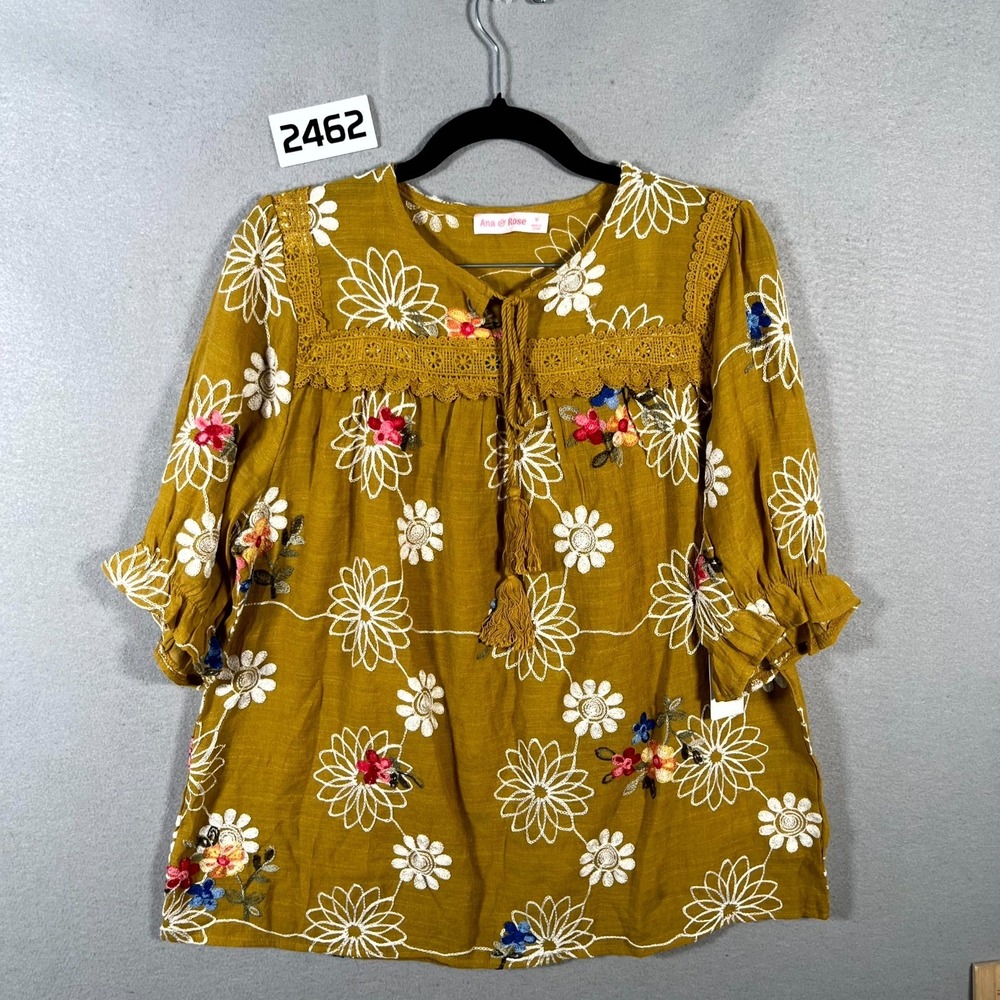 Ana‎ & Rose Blouse Womens M Mustard Multicolor Floral Embroidered Lace Tie Neck